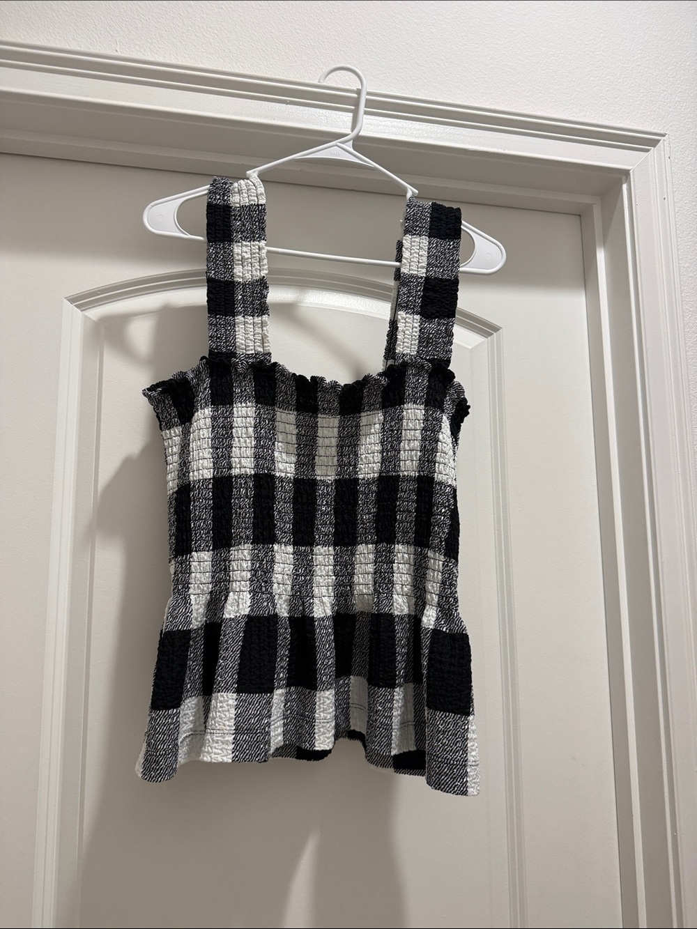 LOFT Black and White Smocked Plaid Camisole